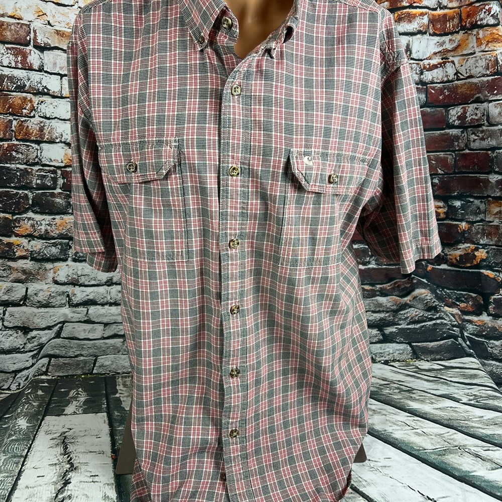 Carhartt Button Up‎ Shirt Mens XL Red Gray  Short Sleeve Workwear Outdoors